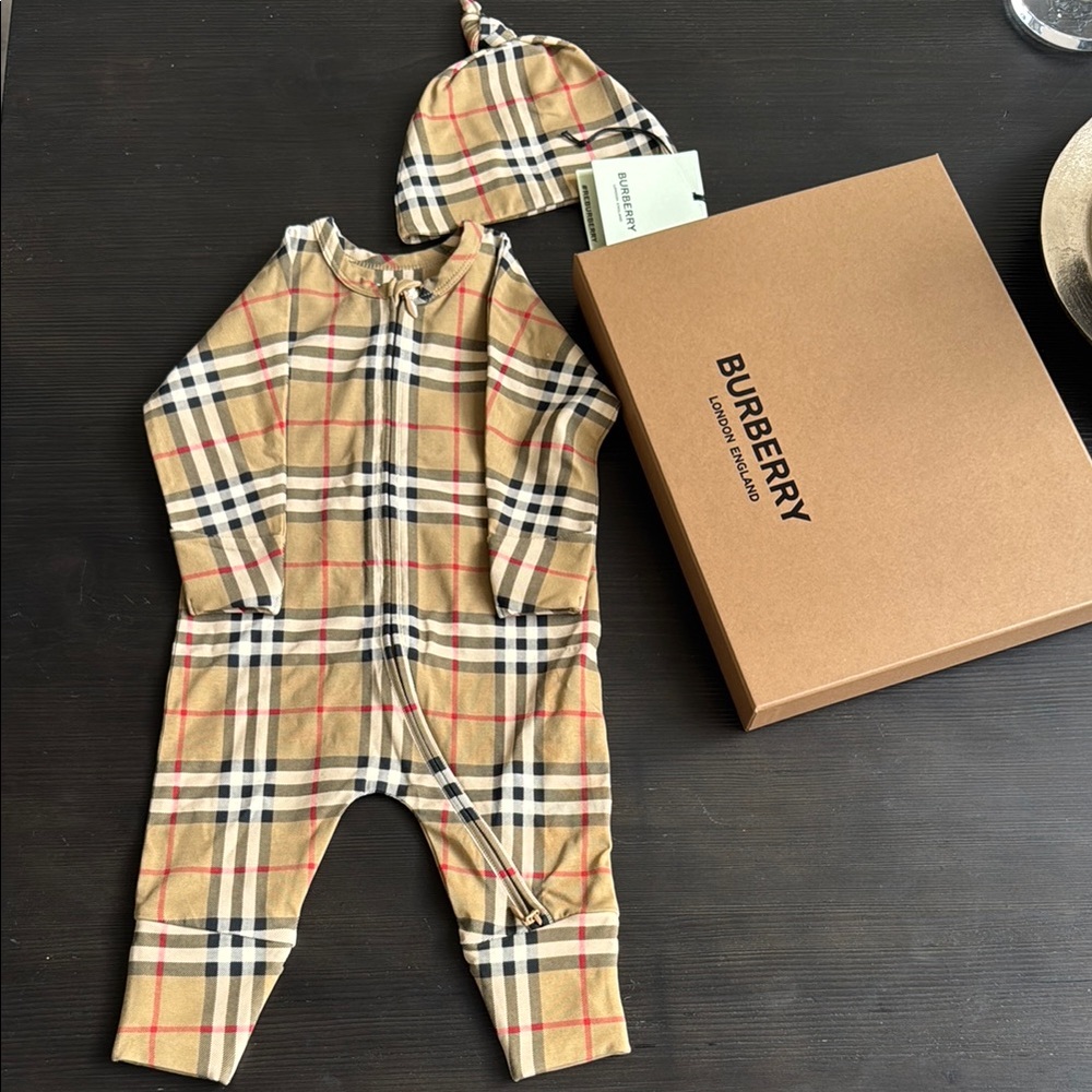 Burberry Infant Plaid Outfit with Cap